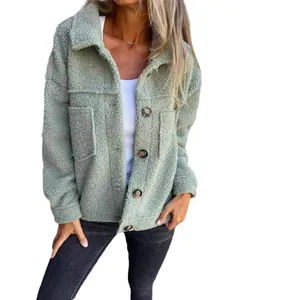 Casual light green fuzzy lambswool shacket with lapel collar and buttons for women