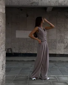 Elegant taupe V-neck vest and high-waist wide-leg trousers two-piece set for women