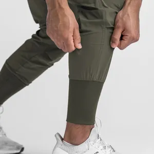Close-up of olive green joggers showing ribbed cuff detail and premium fabric texture