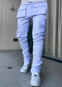Men's light blue reflective cargo pants with multi-pockets and drawstring waist
