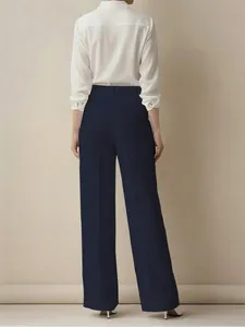 Eleganti pantaloni a gamba larga a vita alta blu navy da donna vista posteriore