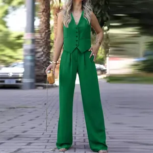 Stylish women's two-piece green V-neck vest and wide-leg trousers casual suit set