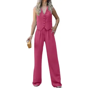 Women's two-piece set featuring V-neck vest and wide-leg trousers in magenta pink