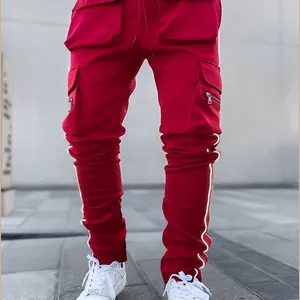 Men Reflective Cargo Pants Multi Pocket Elastic Streetwear Joggers Gym Workout Casual Outdoor Trousers Sweatpants Reflective Strip