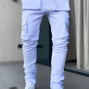 Men's reflective light blue cargo pants with multiple pockets for spring autumn sports.
