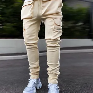 Men's beige multi-pocket cargo pants with reflective side stripes and straight leg fit