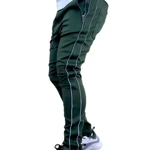 Slim fit army green men's cargo pants with reflective side stripes for gym and casual wear.