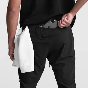 Back detail of men's performance gym joggers featuring a zipper phone pocket and towel loop