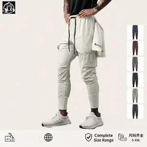 Men Quick Dry Cargo Joggers Ice Silk Sport Pants High Elastic Multi Pocket Fitness Gym Workout Training Sweatpants