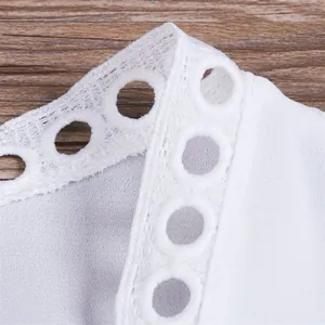 Close-up detail of white lace patchwork on a lightweight summer cardigan cover-up