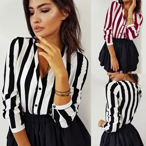 Detail view of women's casual striped chiffon blouse showing front and back designs.