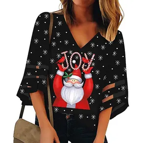 Elegant women's V-neck Christmas top with Santa Claus print and flare mesh sleeves