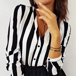 Women's Casual Vertical Striped Polyester Chiffon Blouse V-Neck Long Sleeve Patchwork Print Single Breasted Shirt Office Top