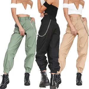 Cargo jogger broek met hoge taille voor dames in saliegroen, zwart en kaki met ketting.