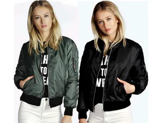 Detail of women's short zip-up bomber jackets in olive green and classic black color