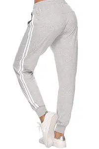Rückansicht-Detail der grauen Damen-Jogginghose mit zwei weißen Seitenstreifen