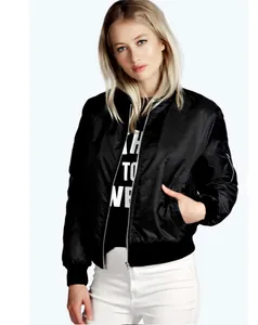Detail shot of a women's casual black bomber jacket with a silver front zipper.