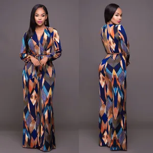 Women's V Neck Long Sleeve Jumpsuit Geometric Digital Printed Tie Waist Wide Leg Long Pant One Piece Jumpsuit For Women