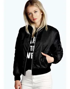 Detailed view of women's black bomber jacket with silver zipper and ribbed cuffs