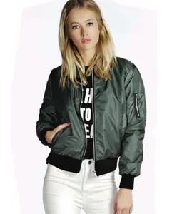 Detail of a stylish olive green bomber jacket featuring silver zipper and ribbed cuffs