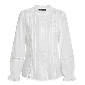 Elegant white long-sleeved blouse featuring lace patchwork and chic ruffle collar design