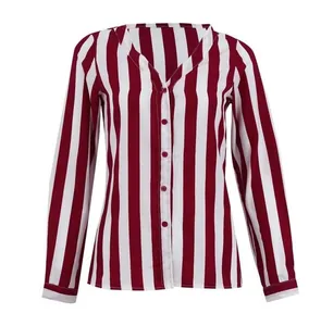 Frontal view of elegant red and white vertical striped long sleeve chiffon blouse