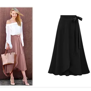 Elegant high waisted irregular split midi skirt with adjustable tie waist in black