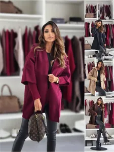 Women Fashion Hooded Woolen Coat Polyester Loose Solid Color Long Sleeve Jacket With Knit Ribbed Cuffs Warm Winter Outwear