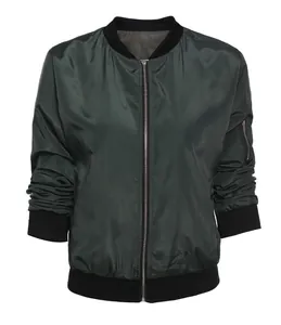Detailed front view of women's dark green satin bomber jacket with black ribbed trim