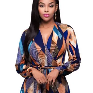 Stylish V-neck digital print long sleeve jumpsuit with tie-waist belt for women fashion