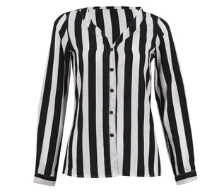 Front view of a women's casual black and white vertical striped blouse with V-neck design