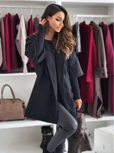 Stylish black loose-fit women's hooded woolen coat for autumn and winter fashion