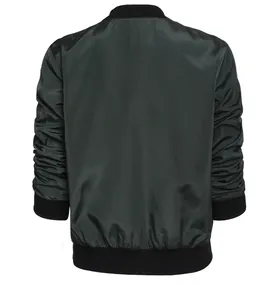 Detailed back view of a classic dark green solid color satin bomber jacket for women
