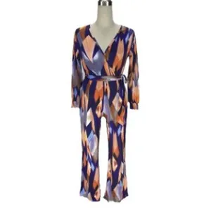 Chic women's digital geometric print jumpsuit with V-neck and belted waist design