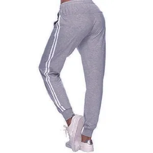 Graue Damen-Jogginghose mit hoher Taille und zwei weißen Seitenstreifen für Sportmode