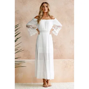 Robe Longue Maxi Sexy Femme Épaules Dénudées Patchwork Dentelle Manches Cloche Blanc Bohême Vacances Pour Été Mariage