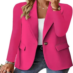 Vibrant fuchsia long sleeve blazer jacket for women featuring a single button closure