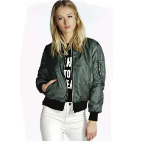 Stylish dark green women's satin bomber jacket featuring a zipper and black ribbed trim