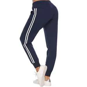Navyblaue Damen-Jogginghose mit hohem Bund und weißen Seitenstreifen, konisch