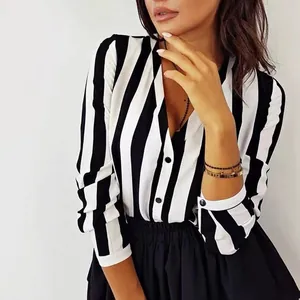 Professional elegant black and white vertical striped long sleeve chiffon blouse for women