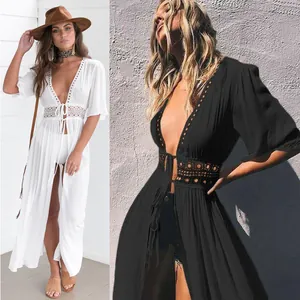 Elegant boho lace spliced tie-front long bikini cover-up cardigan in white and black