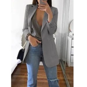 Veste blazer grise élégante à manches longues pour femmes avec poches pratiques