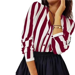 Women's elegant red and white vertical striped long sleeve chiffon blouse with buttons