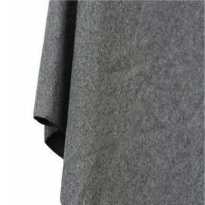 Dettagliata vista macro del tessuto in misto lana grigio scuro di un mantello ampio da donna