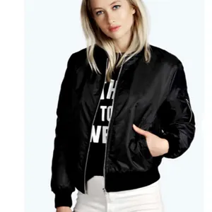 Classic black satin bomber jacket for women with front zipper closure shown on model