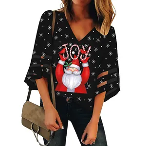 Festive Christmas Santa Claus print V-neck top with mesh patchwork bell sleeves for women