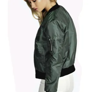 Modern women's olive green satin bomber jacket with sleeve zipper pocket detail