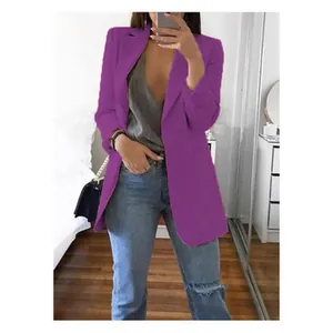 Stijlvolle paarse damesblazer met lange mouwen en zakken, casual zakelijke kantoorkleding