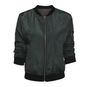 Women's dark green solid color short fashion bomber jacket with silver front zipper detail