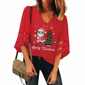 Festive loose red V-neck blouse with Christmas Santa print and mesh bell sleeves